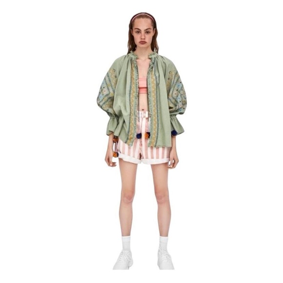 trf Zara Victorian Style Sage Green Boho Lightweight Jacket with Pom Tassels - Picture 4 of 5